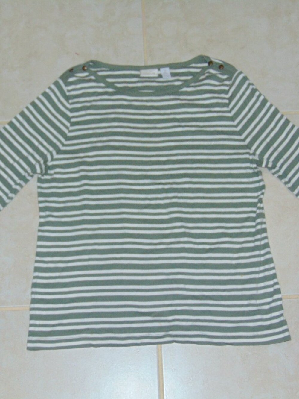 Chico's the ultimate tee shirt top size 2 Green Striped 3/4 sleeves